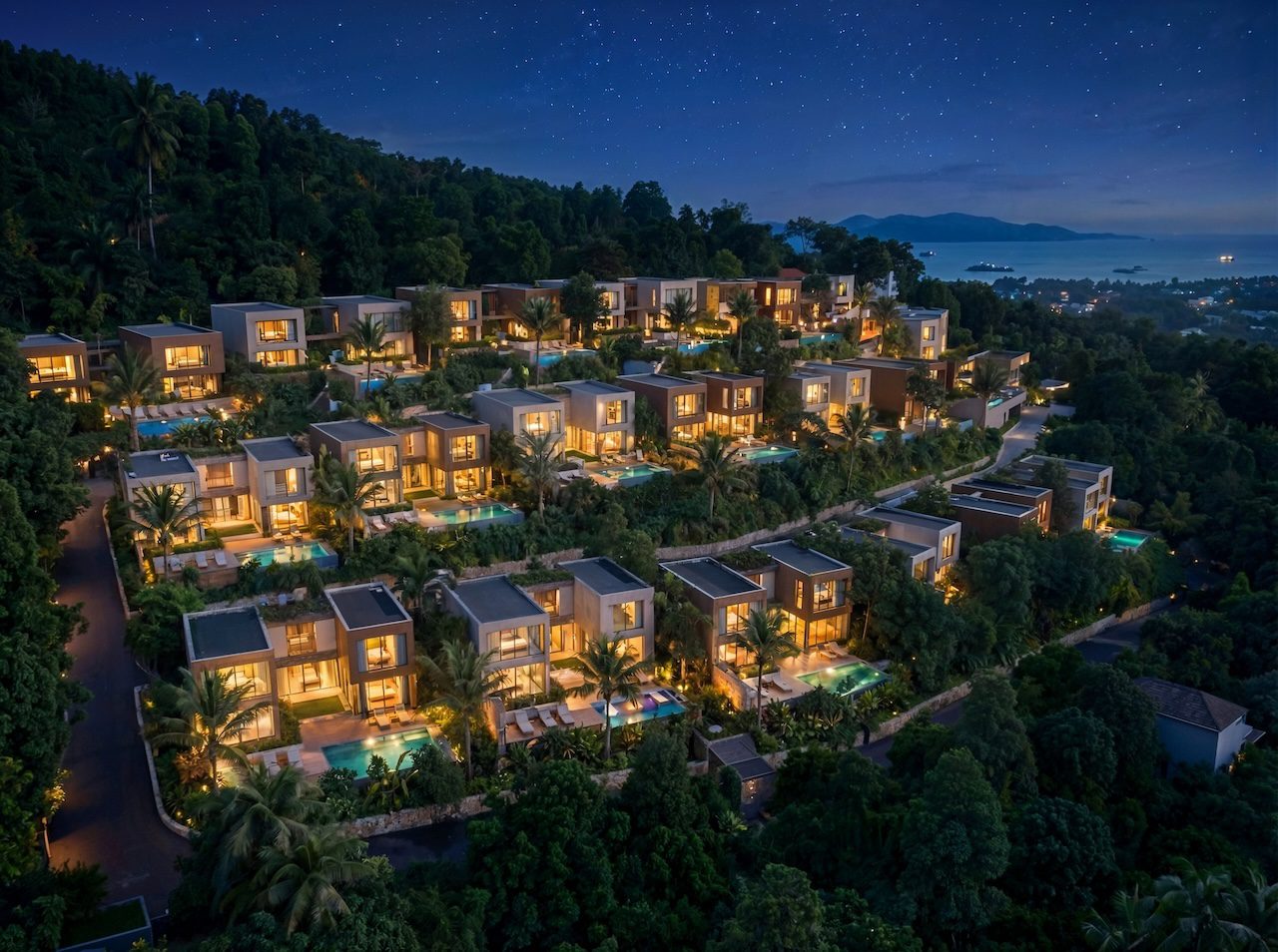 Sea View Villas At The Pinnacle Samui Night Render